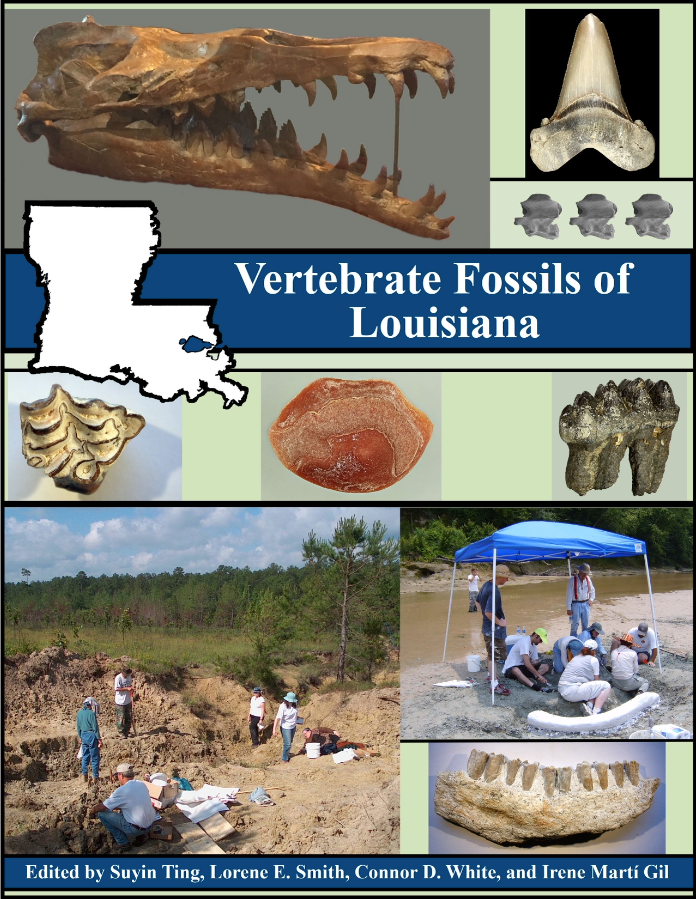 Cover of Vertebrate Fossils of Louisiana. The cover includes images of a Basilosaurus skull, an Otodus auriculatus tooth, 3 snake vertebrae, a Miocene horse tooth, a drumfish otolith, an American mastodon tooth, excavation photos at Fort Johnson and Thompson Creek, and a merychippine horse jaw.