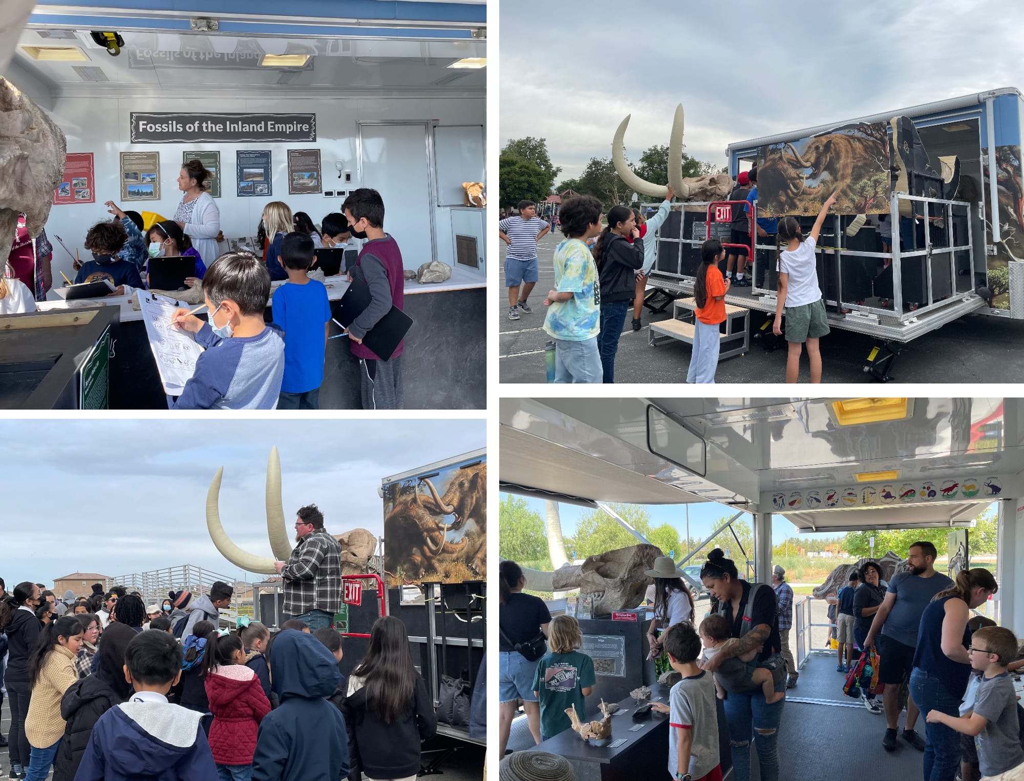 Four images of crowds touring the mobile museum.
