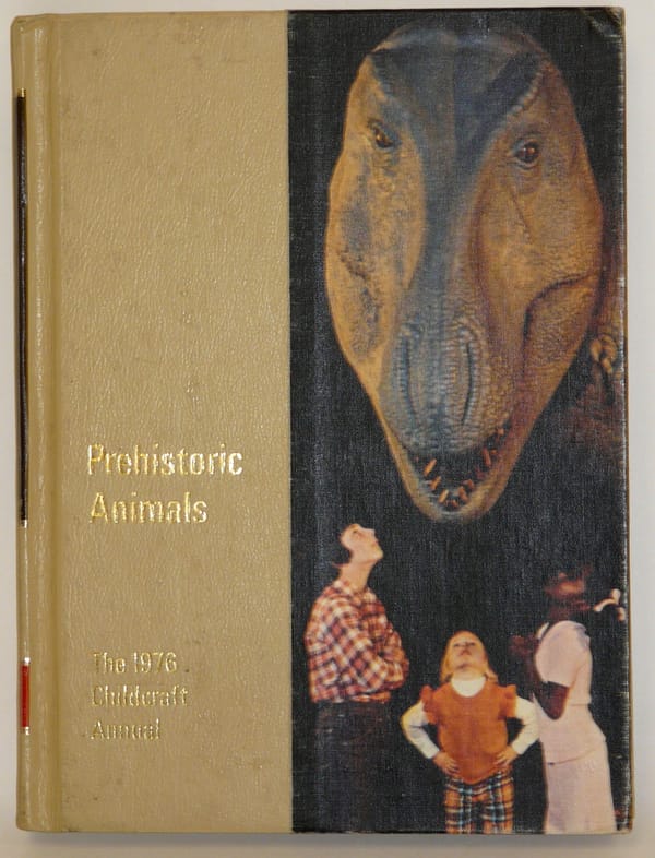 Cover of the 1976 Childcraft Annual "Prehistoric Animals". Three children are staring up at the reconstructed model of an Allosaurus.